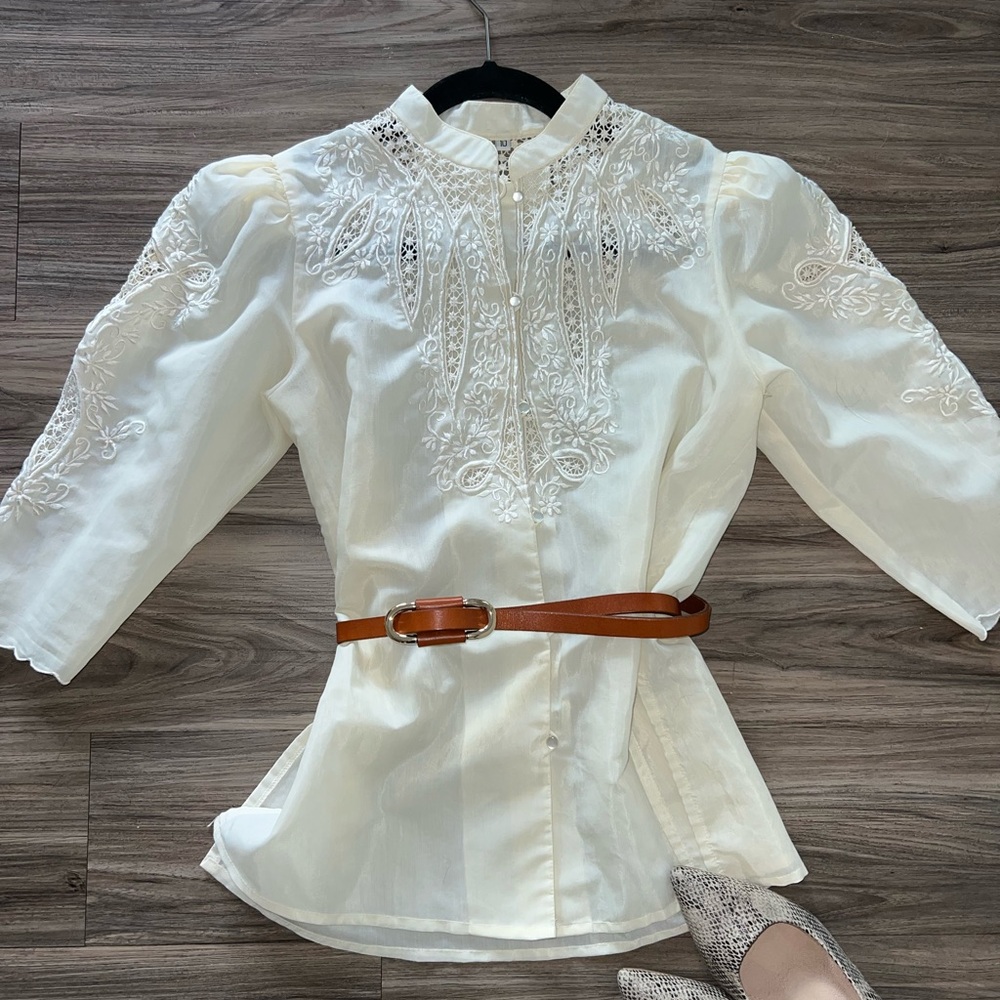 Vintage Elegant Cream Embroidered Women's Top
